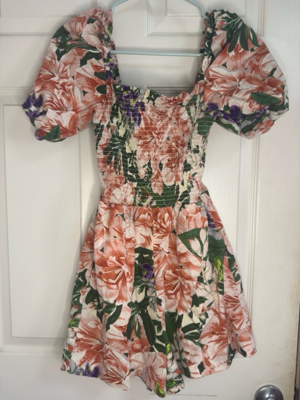 H&M Floral Smocked Dress in Peach, Green & Purple